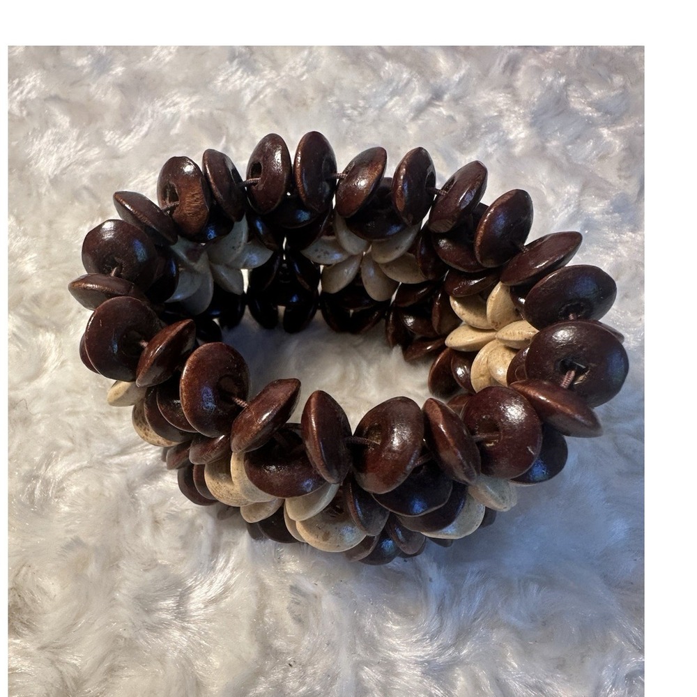 Lot of 3 Stretch Wood Beaded Cuff Bracelets Brown Flower Nature Theme